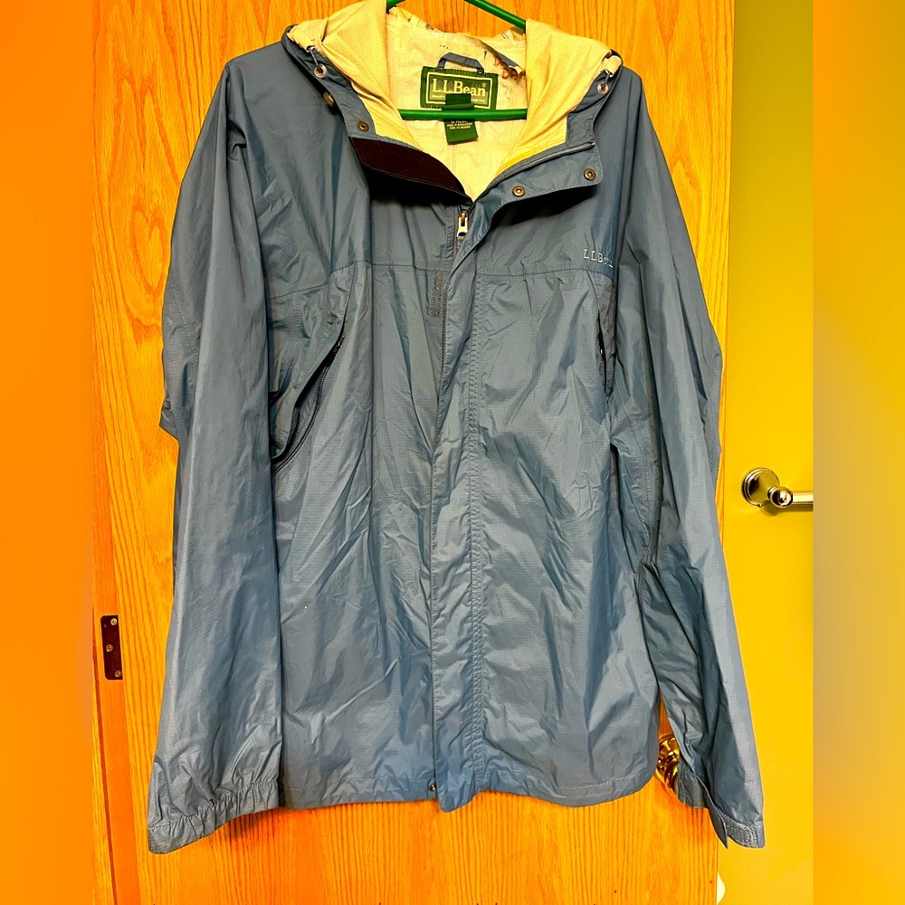 Light blue raincoat.
